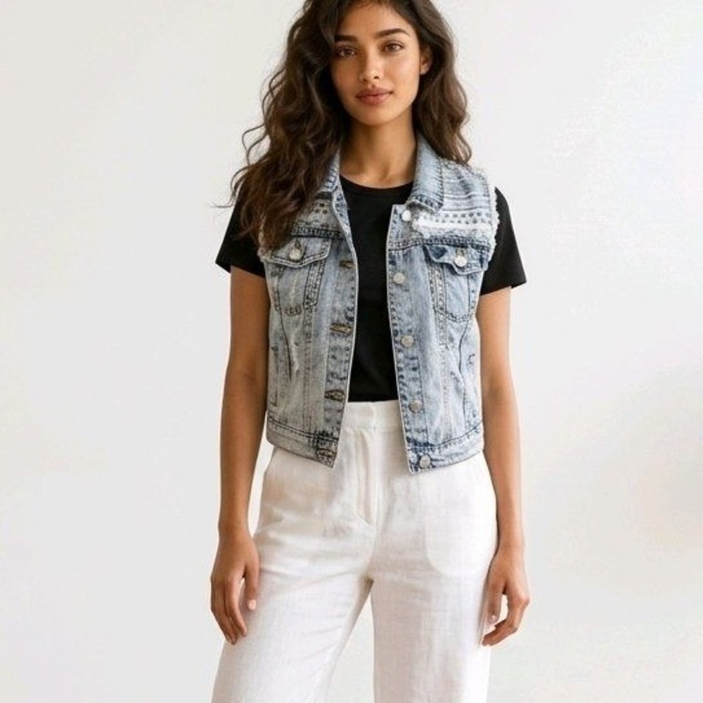 Trucker Distressed Sleeveless Denim Vest with Tribal Print Angel Kiss Med Retro